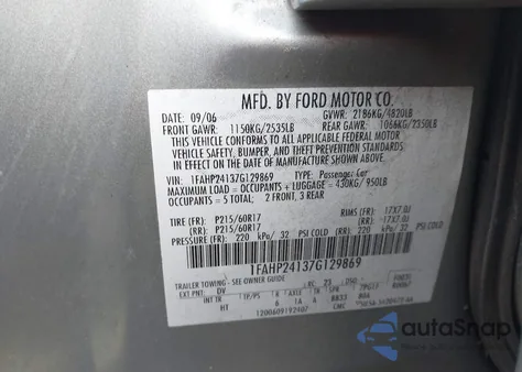 2007 Ford Five Hundred Sel from USA, damaged, VIN 1FAHP24137G129869